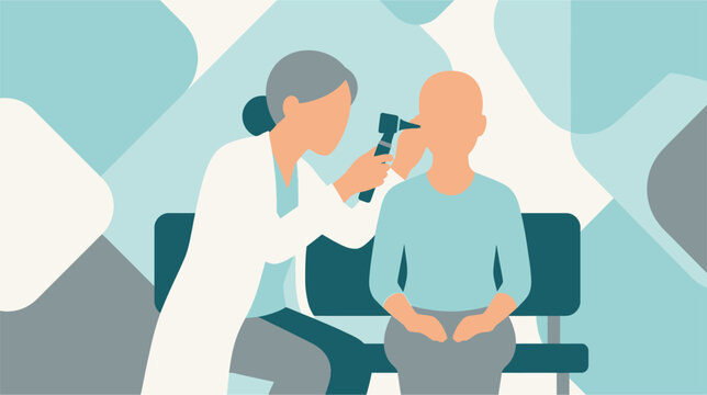 Professional otoscopic ear examination conducted by a healthcare practitioner on a patient in a medical clinic, focusing on the auditory canal and eardrum diagnosis using an otoscope.