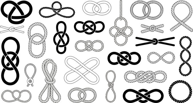 Variety of maritime knots and infinity symbols in black and white line and Transparent Background