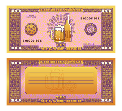 Vector banknote or certificate. 10 mugs of beer. Obverse and reverse. Seals, bottles and hops. Pink coupon. Beery ten. Ticket of bar or pub. Sample of textured flyer. Brew land