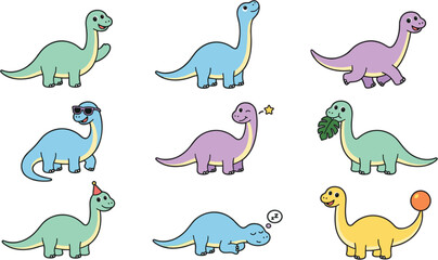 Cute cartoon dinosaur vector character set featuring friendly sauropods brachiosaurus with sunglasses party hat and sleeping poses © Rukhsana