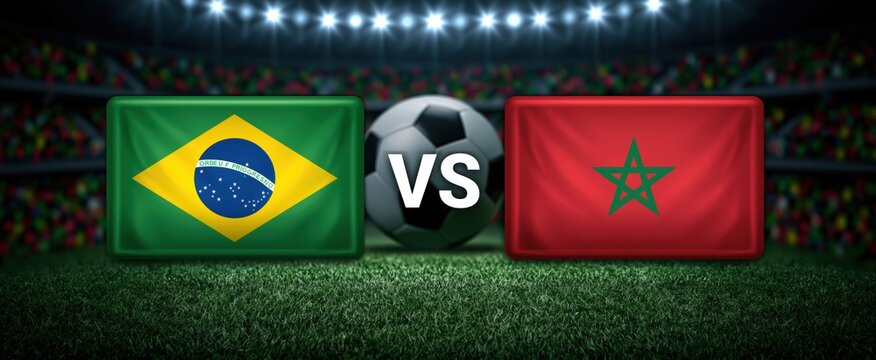 Brazil and Morocco flags with bold text announcing international soccer match in vibrant stadium with energetic crowd.