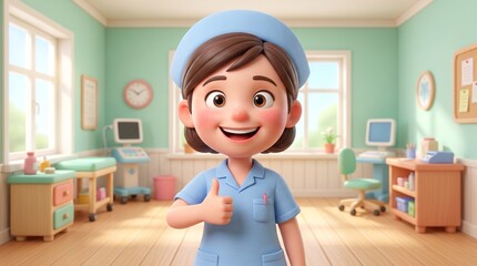Cheerful nurse in a bright pediatric hospital room.