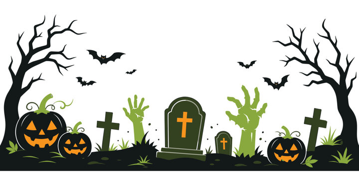 Spooky halloween border illustration with tombstones zombies hands bats jack o lanterns halloween tombstone pumpkins cemetery celebration illustration elements background isolated graveyard