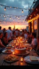 Obraz premium People celebrate birthday on rooftop at sunset with cake and food. Friends gather enjoying drinks, music, and decorations. Warm lights glow creating a festive atmosphere.