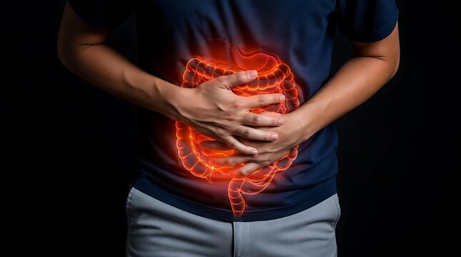 Man experiencing severe intestinal pain and stomach health problems