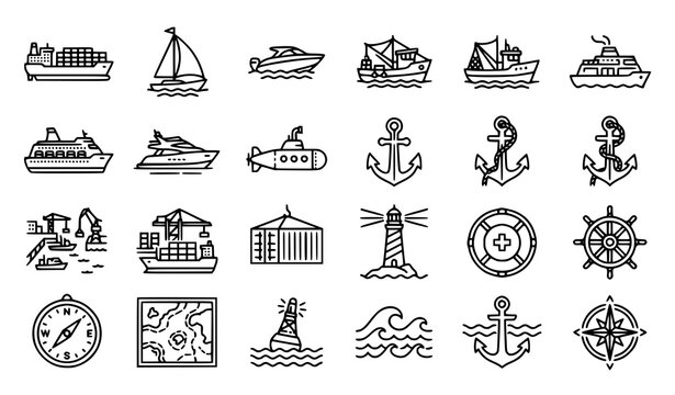 Water transport and maritime shipping line icon set with boats ships port sailing and navigation symbols vector collection