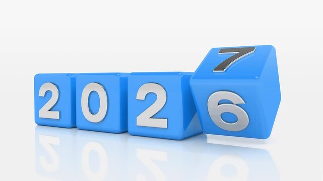 Video animation of blue cubes and the years 2026 and 2027 in silver on a white reflective background - represents the new year 2027 - vacation concept.