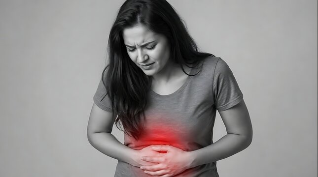 Black and white portrait of woman suffering from intense abdominal pain