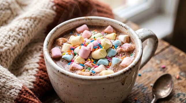 Hot cocoa in a rustic ceramic mug topped with colorful mini marshmallows and sweet sprinkles