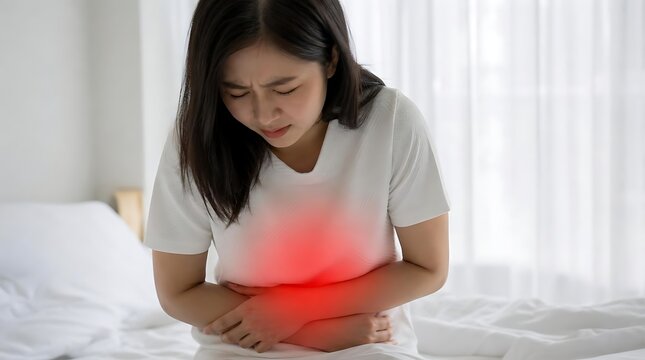 Woman sitting on bed experiencing sharp stomach pain and abdominal discomfort