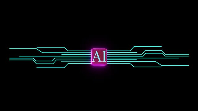 Glowing neon AI circuit board background. Computer motherboard with a chip, Processor with artificial intelligence AI. Minimal chip icon with AI text and circuit lines icon. 4k
