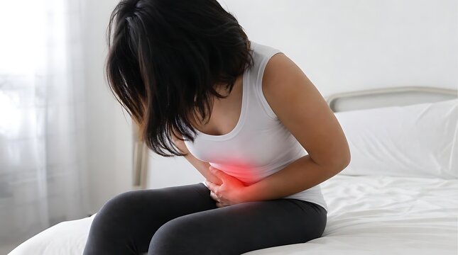 Woman sitting on bed experiencing severe abdominal pain with abdominal, sickness