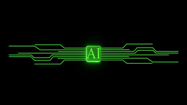 Glowing neon AI circuit board background. Computer motherboard with a chip, Processor with artificial intelligence AI. 4k