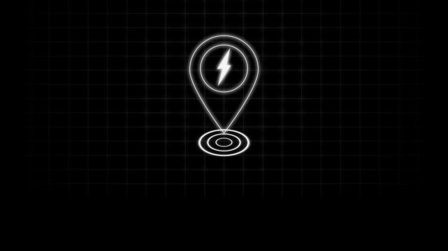 White neon map location pin with a lightning bolt symbol inside set against a dark grid background for electric vehicle charging stations