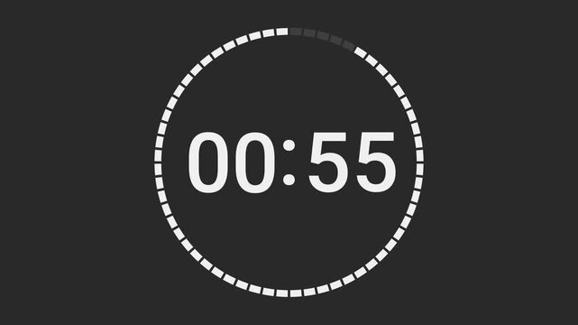Video animation of a stopwatch with sliding numbers that count down from one minute to zero - 60 seconds countdown.