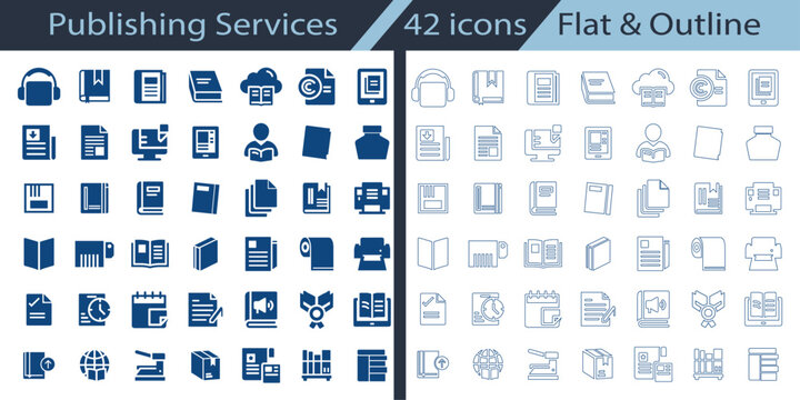Publishing Services flat, outline icon set featuring audiobook, textbook, online editing, open book, newspaper, and digital reading collection for editorial UI.