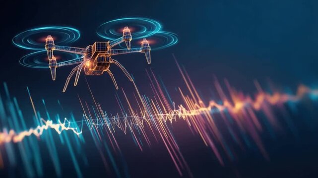 A futuristic drone hovers above a glowing sound wave visualization, representing advanced technology and data analysis. ..Created with Generative AI, not depicting real subjects.