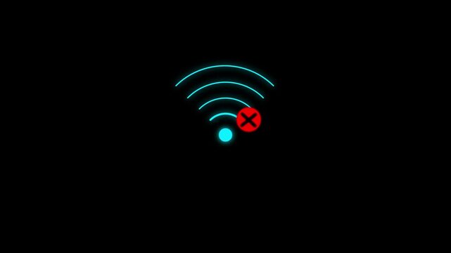 Cyan blue wifi signal with a red cross mark indicating no internet connection on a black background representing network connectivity failure