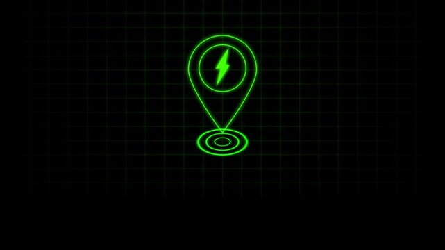 Bright green neon map location pin with a lightning bolt symbol inside set against a dark grid background for electric vehicle charging