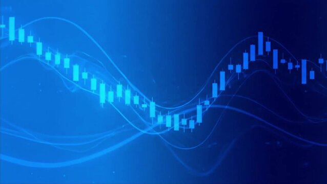 Dynamic blue background featuring a glowing candlestick chart representing financial market data and abstract digital waves.