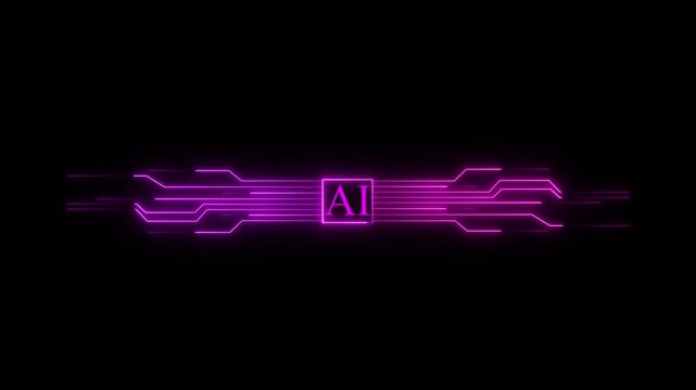 Glowing neon AI circuit board background. Computer 4k .motherboard with a chip, Minimal chip icon technology circuit board with ai text icon on black background 