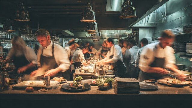 Chefs work in a busy professional restaurant kitchen during a high-pressure dinner service while preparing gourmet dishes for waiting customers.