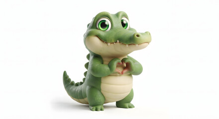 Fototapeta premium Adorable baby alligator mascot showing heart hand sign with friendly smile, 3D rendering
