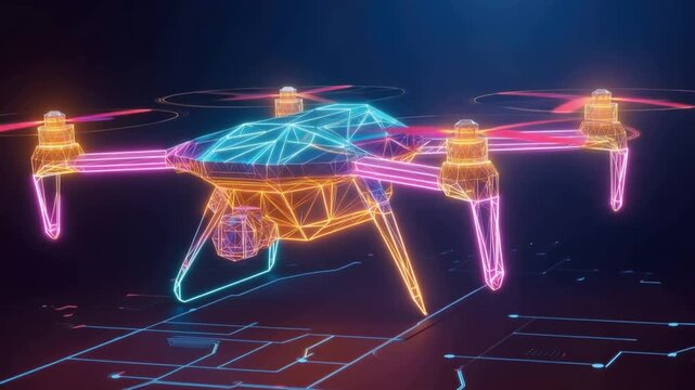 A futuristic drone, rendered in vibrant neon wireframe, hovers above a circuit board pattern, symbolizing advanced technology and innovation. ..Created with Generative AI, not depicting real subjects.