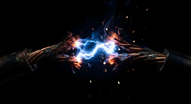 Electric Arc Between Broken Copper Wires with Sparks on Dark Background, Danger Concept