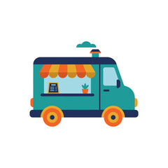Fototapeta premium Colorful food truck illustration, modern design, mobile kitchen, street food vendor, isolated on white.