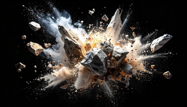 Abstract rock explosion with flying stone debris and light dust dispersion explosion destruction shrapnel fragments