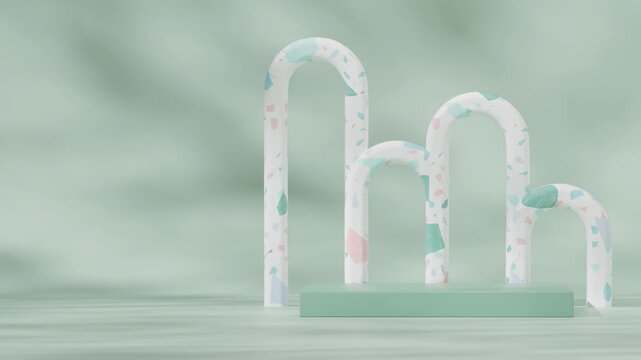 3d video render blank mockup of green rectangle podium seamless loop shadow animation with colorful pattern terrazzo arch shape
