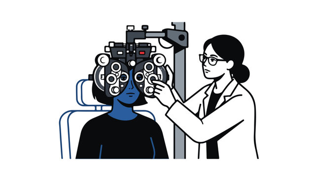 Professional ophthalmologist performing eye exam with phoropter, female optometrist testing patient vision, medical eye checkup vector illustration