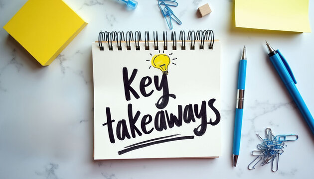 Notebook with handwritten text key takeaways, lightbulb illustration sits on white marble desk surface. Blue pens paper clips, yellow sticky notes surround spiral notepad. Business summary concept
