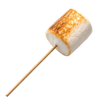 Toasted marshmallow on wooden skewer roasted for campfire desserts and hot chocolate treats