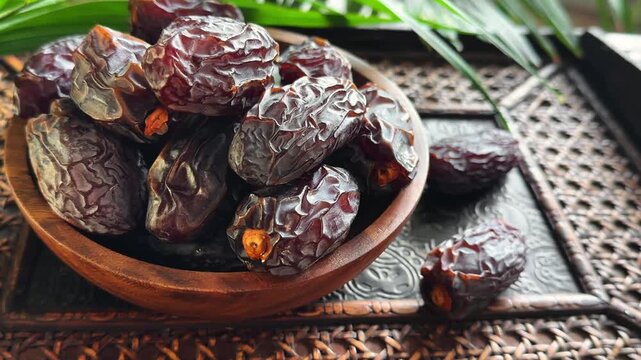 Slow horizontal camera move across date fruit in wooden bowl with palm leaf and warm sunlight