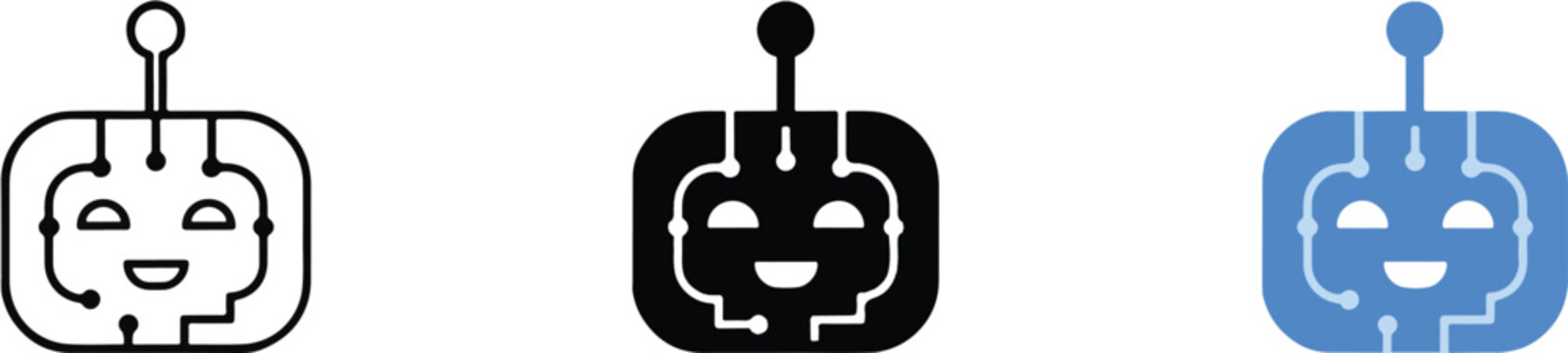 Cute AI robot head icons with digital circuitry representing chatbot artificial intelligence technology and automation
