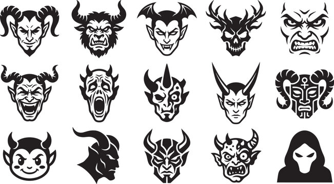 Scary devil monster heads and spooky demon faces vector icons set with horns vampire and skull black silhouettes