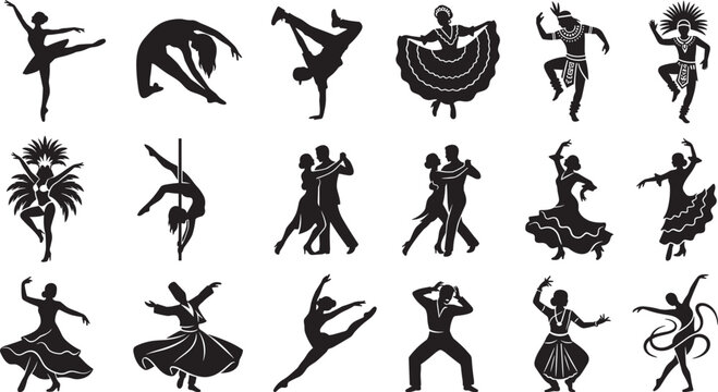 Traditional and modern dancing styles vector icons set with ballerina breakdance salsa flamenco and tribal dancer black silhouettes
