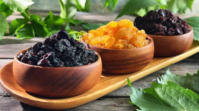 Three raisin varieties in wooden bowls during a smooth forward push in on a rustic tabletop with grape leaves