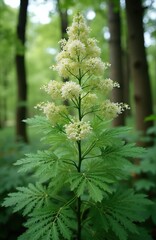 Obraz premium Tall Aralia elata tree grows in forest. White flowers bloom on green branches during summer. Delicate creamy inflorescence stands among deciduous leaves. Wild exotic medicinal plant flourishes within