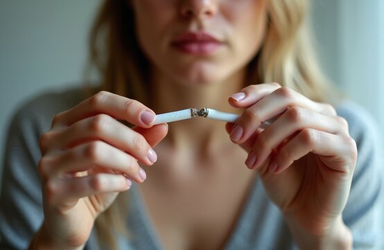 Young woman breaks cigarette in half with hands indoors. Person chooses healthy lifestyle, stops nicotine addiction. Female shows willpower against tobacco habit. Concept of quit smoking awareness
