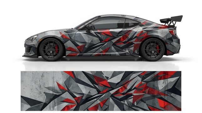Sport Car Wrap Design with Abstract Geometric Red and Gray Graphics
