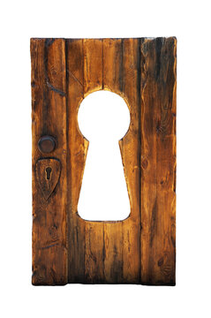 Wooden single door cut in the middle in the shape of a keyhole, isolated on a transparent and white background. PNG.
