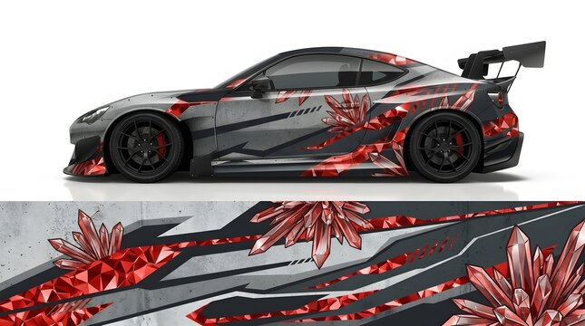 Custom Car Wrap Design: Red Crystal Geometric Graphics on Dark Gray Sports Car