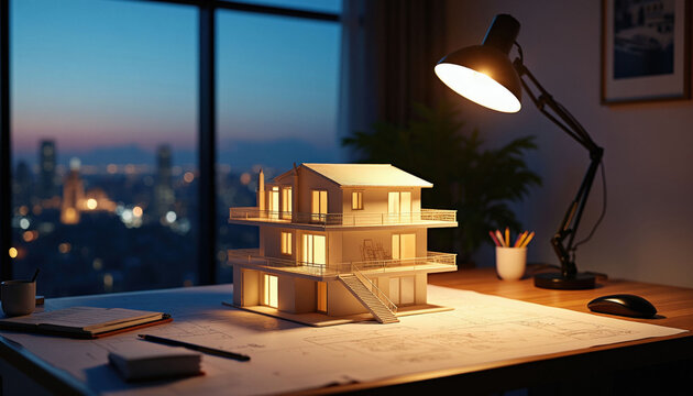 Illuminated house model sits on desk with paper blueprints at night. Architect works in modern office with city view lights. Small residential building construction project plan rests on table under