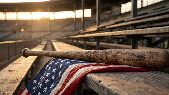 American baseball bat and US flag on wooden stadium bleachers during a golden sunset celebrating the 4th july holiday spirit of sport