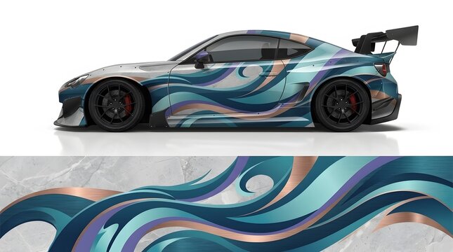 Sport Car with Abstract Wave Vinyl Wrap Design, Teal, Purple, and Copper Accents, Racing Automotive Livery