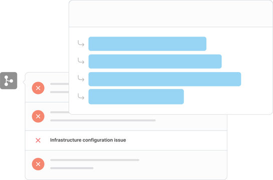 Developer workflow dashboard screen, git branch integration icon. Red error alert, infrastructure configuration issue notification, expandable code log details panel, DevOps automation bug tracking UI