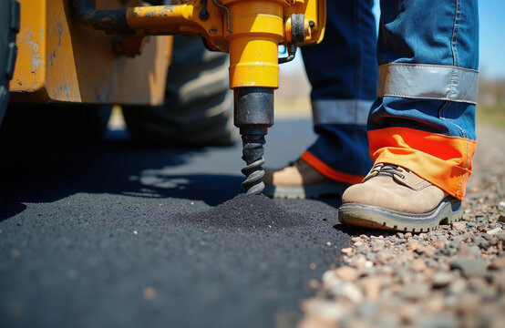 Worker uses pro machine for drilling road asphalt core sample. Industrial engineer checks pavement quality with drill equipment on highway construction site. Technician collects material specimen for